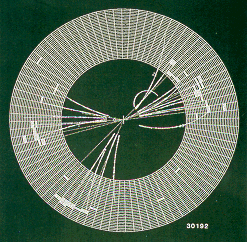 Das erstmals bei PETRA (DESY 1979) entdeckte 3-Jet-Ereignis in der Detektorgraphik